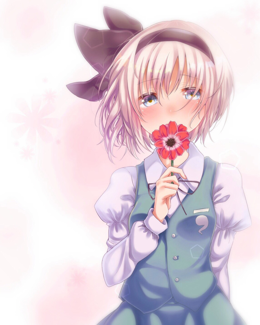 anemone_(flower) black_neckwear black_ribbon blue_eyes blush breasts buttons collared_shirt commentary_request cowboy_shot eyebrows_visible_through_hair flower green_skirt green_vest hair_ribbon highres holding holding_flower juliet_sleeves konpaku_youmu long_sleeves looking_at_viewer neck_ribbon otowa_(otoha4634) puffy_sleeves ribbon shirt short_hair skirt small_breasts solo touhou vest white_hair white_shirt