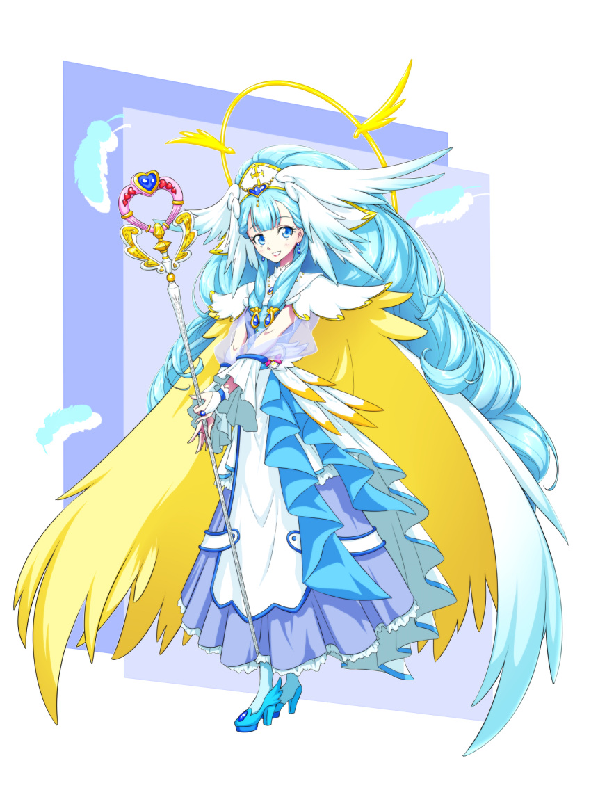 bangs blue_dress blue_eyes blue_footwear blue_hair cape cure_ange dress earrings embellished_costume feathers frills gem hair_ornament halo head_wings highres holding holding_staff hugtto!_precure jewelry long_hair looking_at_viewer magical_girl matatabi_(karukan222) precure see-through smile solo staff standing wrist_cuffs yakushiji_saaya