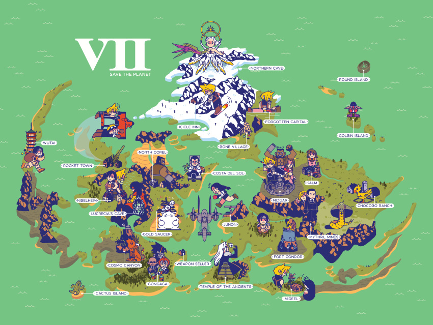 absurdres aerith_gainsborough aircraft airship angel_wings barret_wallace beach_chair byronb cait_sith chibi chocobo cid_highwind city clawed_gauntlets cloud_strife elena_(ff7) everyone final_fantasy final_fantasy_vii highres island long_hair lucrecia_crescent map marlene_wallace mountain ocean professor_houjou red_xiii reno rude sabotender safer_sephiroth sephiroth snow spiked_hair tifa_lockhart tseng vincent_valentine water wings world_map yuffie_kisaragi zack_fair