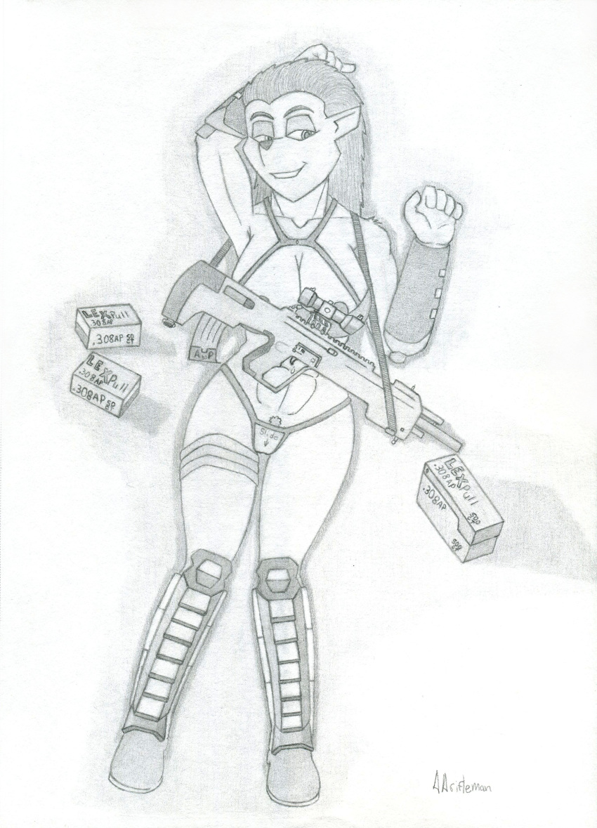 aarifleman abs ammo_boxes anthro areola_slip armor athletic big_breasts boots breasts clothed clothing female footwear gun hair ka_sarra line_art looking_at_viewer lying mammal monochrome on_back partially_clothed pencil_sketch porcupine pubes ranged_weapon rodent scope shaded smile solo traditional_media_(artwork) underwear weapon wraps