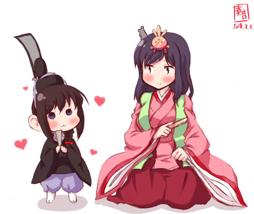 :3 ahoge black_hair black_kimono blue_eyes braid commentary_request hair_ornament hair_over_shoulder hat highres hina_ningyou hinamatsuri japanese_clothes kanon_(kurogane_knights) kantai_collection kimono layered_clothing layered_kimono multiple_girls pink_kimono red_eyes saishi shigure_(kantai_collection) short_hair single_braid standing yamashiro_(kantai_collection) younger