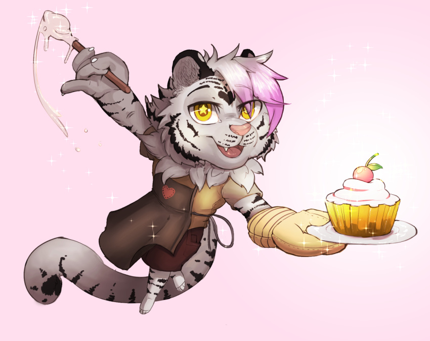 anthro apron chibi clothed clothing cupcake feline food fur hair looking_at_viewer male mammal open_mouth smile solo tiger tilionmaia