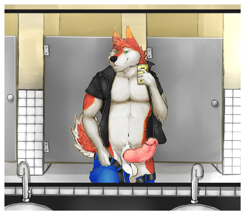 anthro balls bathroom canine erection humanoid_penis hybrid knot looking_at_viewer male mammal nipples open_jacket penis selfie smile solo standing tilionmaia unzipped vein veiny_penis
