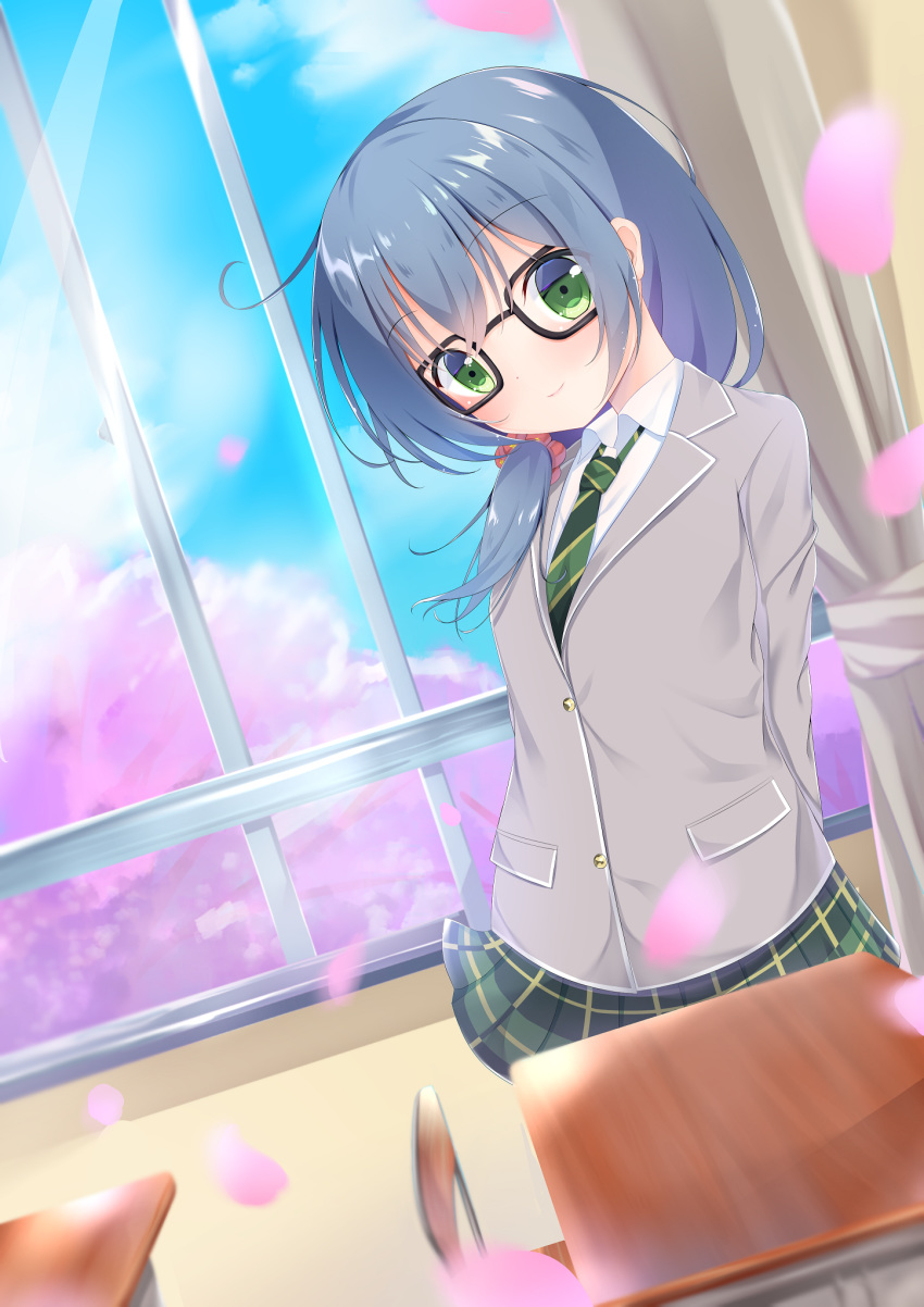 1girl ahoge arms_behind_back asahi_rokka bang_dream! bangs black-framed_eyewear blazer blue_hair blush chair cherry_blossoms classroom collared_shirt curtains desk green_eyes green_neckwear green_skirt grey_jacket hair_ornament hair_over_shoulder hair_scrunchie haneoka_school_uniform highres indoors jacket koh_(user_kpcu7748) long_hair long_sleeves looking_at_viewer low-tied_long_hair miniskirt necktie plaid plaid_skirt pleated_skirt red_scrunchie school_chair school_desk school_uniform scrunchie shirt skirt smile solo striped striped_neckwear white_shirt window