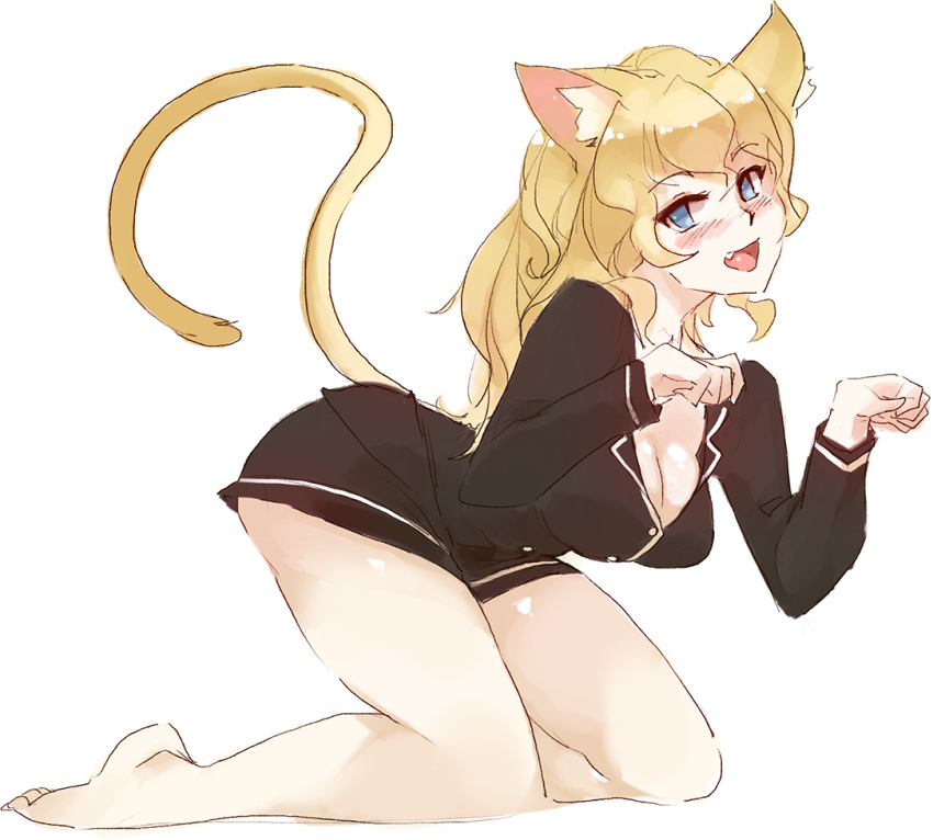 :d animal_ears barefoot blonde_hair blue_eyes blush breasts cat_ears cat_tail cleavage commentary eyebrows_visible_through_hair fang full_body katawa_shoujo kemonomimi_mode kneeling leaning_forward long_hair looking_at_viewer medium_breasts no_pants open_mouth paw_pose rtil satou_lilly simple_background sketch smile solo tail wavy_hair white_background