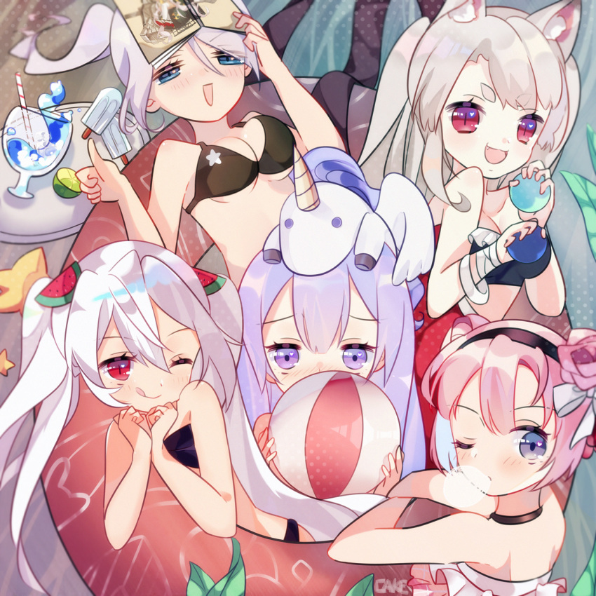 :d ;q animal_ears artist_name azur_lane ball bangs bare_arms bare_shoulders beachball bikini black_bikini black_choker black_hairband blue_eyes blush book breasts cake_(isiofb) choker cleavage collarbone commentary_request covered_mouth drinking_straw eyebrows_visible_through_hair fang food food_themed_hair_ornament hair_between_eyes hair_ornament hairband heart heart_in_eye highres holding holding_ball innertube light_brown_hair long_hair looking_at_viewer medium_breasts multiple_girls nose_blush one_eye_closed open_book open_mouth pink_bikini pink_hair popsicle portland_(azur_lane) purple_eyes purple_hair red_eyes saratoga_(azur_lane) side_ponytail silver_hair smile star stuffed_animal stuffed_pegasus stuffed_toy stuffed_unicorn swimsuit symbol_in_eye thick_eyebrows thumbs_up tongue tongue_out tray twintails unicorn_(azur_lane) v-shaped_eyebrows vampire_(azur_lane) very_long_hair watermelon_hair_ornament wolf_ears yuudachi_(azur_lane)
