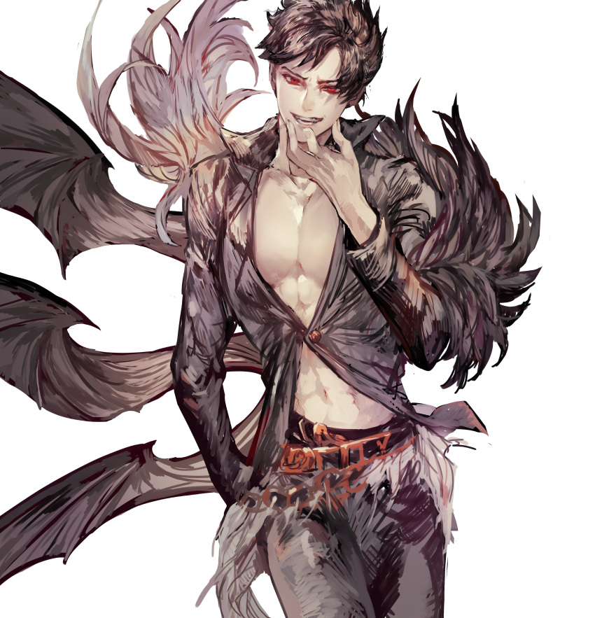 absurdres belial_(granblue_fantasy) black_hair black_shirt blush demon_wings feather_boa granblue_fantasy highres irorigumi male_focus midriff pectorals red_eyes shirt short_hair smile solo wings