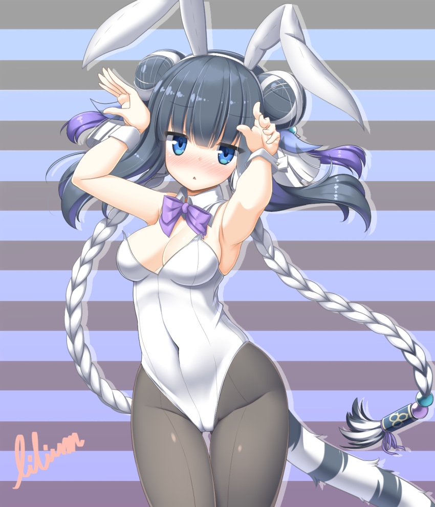 animal_ears bangs black_hair blue_eyes blunt_bangs bow bowtie bunny_ears bunny_girl bunny_pose bunny_tail bunnysuit cowboy_shot detached_collar double_bun haku_(p&amp;d) highres leotard lilium0235 multicolored_hair pantyhose purple_neckwear puzzle_&amp;_dragons solo strapless strapless_leotard striped striped_background tail tiger_ears tiger_tail two-tone_hair white_hair white_leotard wrist_cuffs