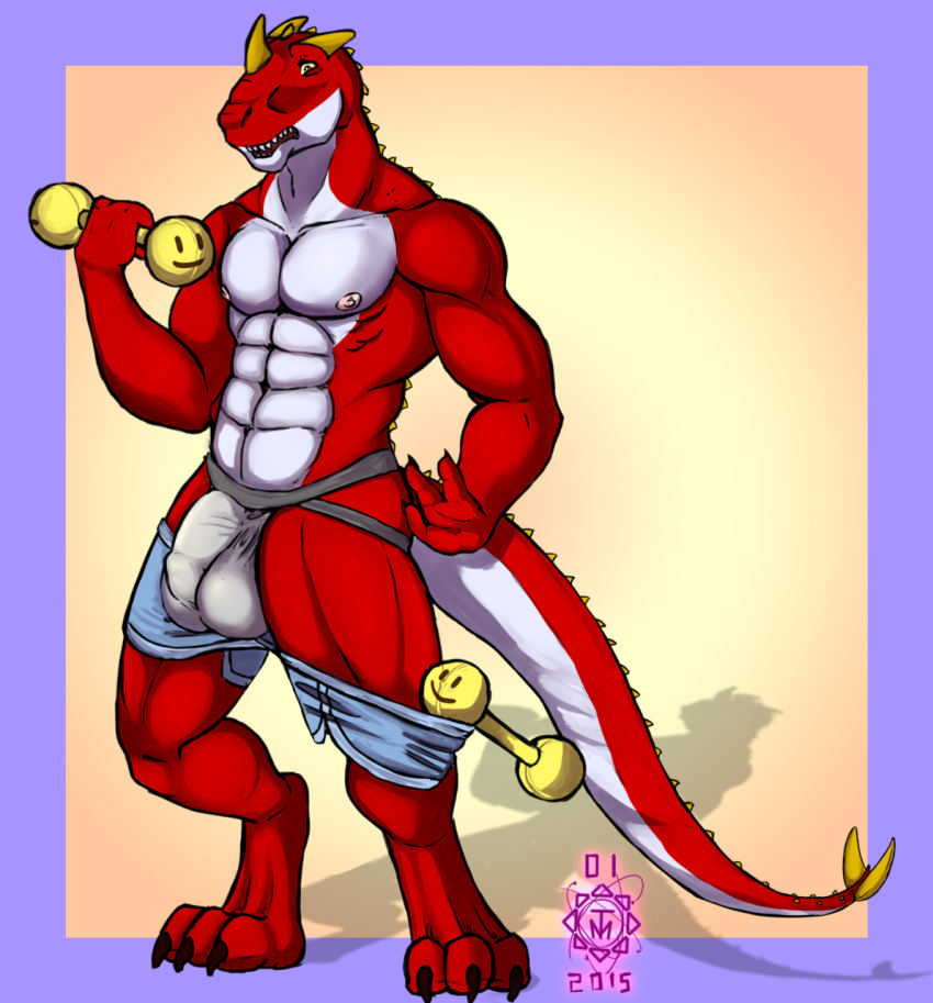 anthro big_bulge bulge clothed clothing dinosaur exercise horn jockstrap male muscular muscular_male open_mouth pants_down partially_clothed pecs solo standing surprise tilionmaia underwear wardrobe_malfunction weightlifting workout