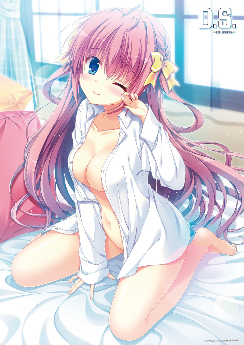 ahoge asamiya_himari barefoot bed_sheet blue_eyes blush bow braid breasts buttons cleavage closed_mouth collarbone d.s._-dal_segno- eyebrows_visible_through_hair fingernails french_braid highres indoors light_particles long_hair long_sleeves looking_at_viewer medium_breasts navel official_art one_eye_closed open_clothes open_shirt orange_pillow pink_hair pink_pillow shirt smile tanihara_natsuki white_shirt window yellow_bow