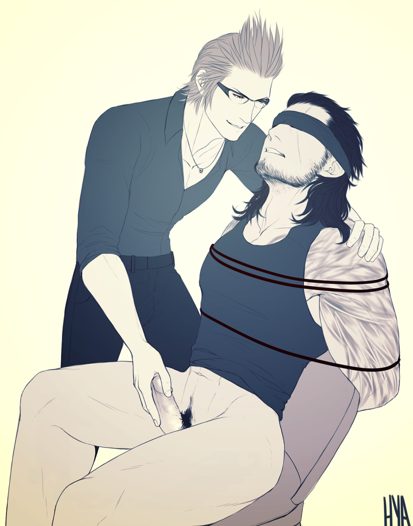2boys blindfolded bottomless erection facial_hair final_fantasy final_fantasy_xv forced gladiolus_amicitia glasses grin ignis_scientia male_focus multiple_boys naughty_face penis penis_grab restrained tattoo yaoi