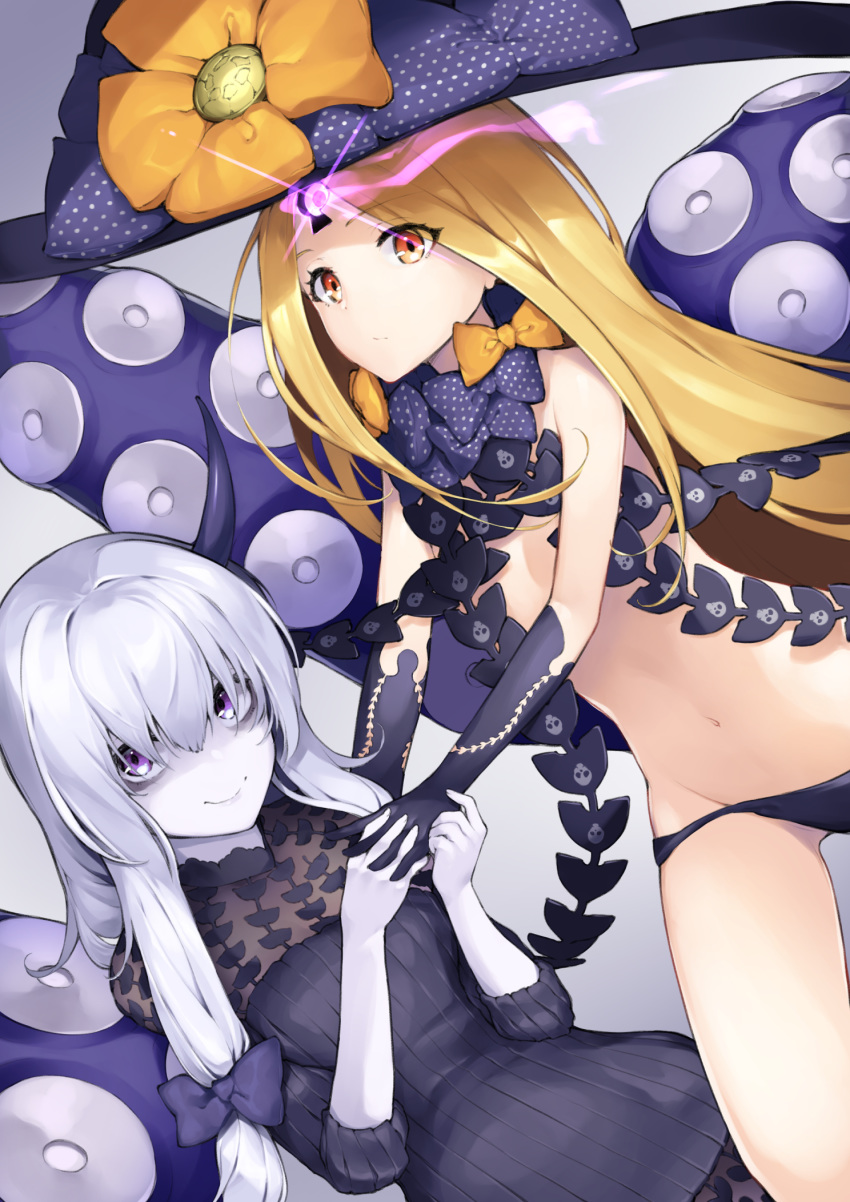 abigail_williams_(fate/grand_order) bags_under_eyes bangs black_bow black_dress black_gloves black_hat black_panties blonde_hair bow breasts closed_mouth commentary_request dabuki dress elbow_gloves eyebrows_visible_through_hair fate/grand_order fate_(series) fingernails gloves grey_background hair_between_eyes hat highres horn interlocked_fingers lavinia_whateley_(fate/grand_order) long_hair looking_at_viewer multiple_girls navel orange_bow orange_eyes panties parted_bangs polka_dot polka_dot_bow purple_eyes revealing_clothes silver_hair skull_print small_breasts smile suction_cups tentacles topless underwear very_long_hair witch_hat