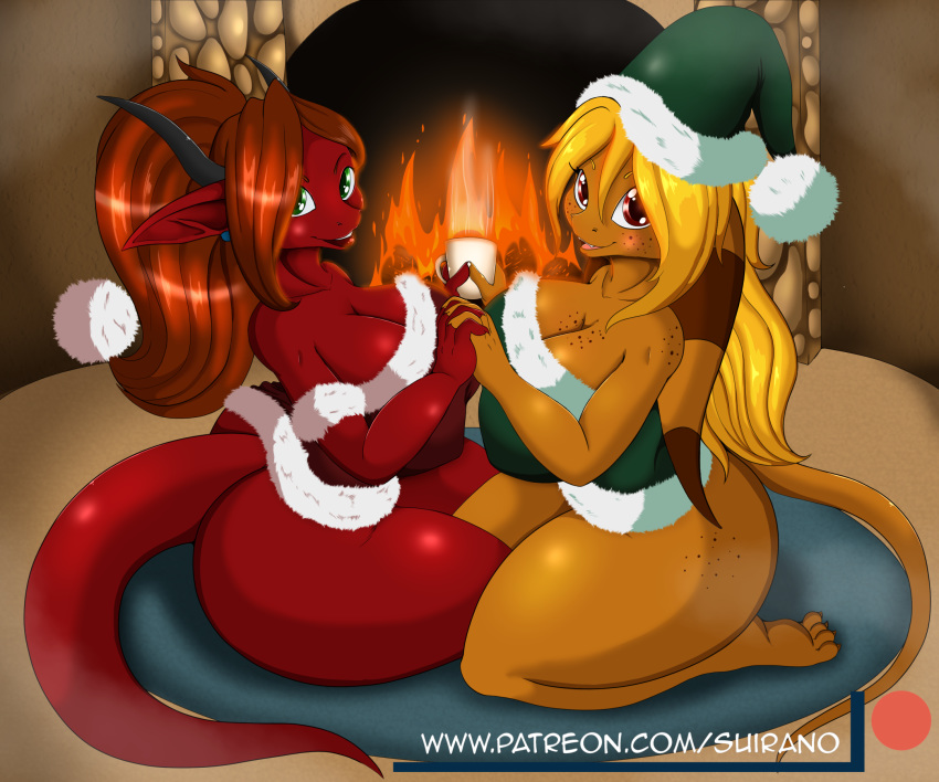 2017 4_toes allin anthro blonde_hair bottomless clothed clothing digital_media_(artwork) duo female fire fireplace freckles green_eyes hair hand_holding hat hi_res horn long_hair looking_at_viewer pointy_ears scalie suirano suirano_(character) toes
