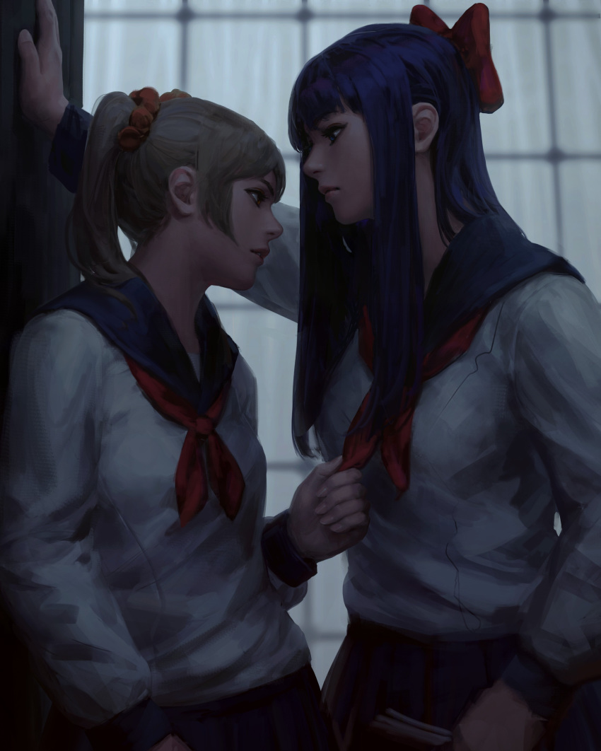 absurdres bangs blonde_hair bow ears_visible_through_hair fingernails guweiz hair_bow highres ilya_kuvshinov_(style) long_hair looking_at_another multiple_girls photo-referenced pipimi poptepipic popuko purple_hair realistic red_bow school_uniform standing tied_hair wall_slam window