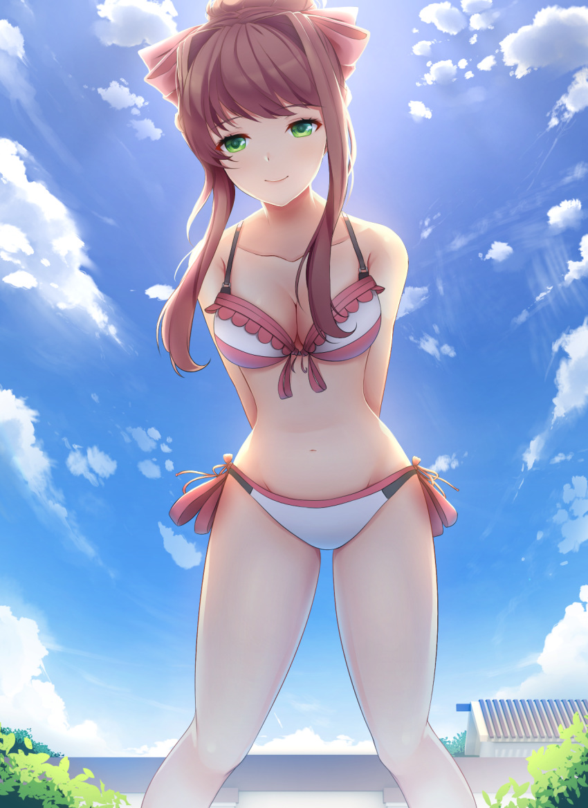 alternate_hair_length alternate_hairstyle arms_behind_back backlighting bangs bikini blue_sky bow breasts cleavage closed_mouth cloud collarbone commentary day doki_doki_literature_club eyebrows_visible_through_hair feet_out_of_frame from_below front-tie_bikini front-tie_top green_eyes hair_bow hair_intakes highres house leaning_forward legs_apart medium_breasts mismatched_bikini monika_(doki_doki_literature_club) navel outdoors pink_bikini_top pink_bow pink_ribbon ribbon side-tie_bikini sidelocks sky smile solo standing stomach sunlight swimsuit tied_hair tsukimaru white_bikini_bottom