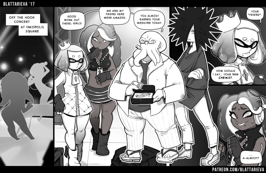 2017 5_fingers beauty_mark blattarieva boots breast_size_difference breasts cephalopod cleavage clothed clothing comic crown dark_skin dialogue eyebrows eyelashes female fingerless_gloves flat_chested footwear gloves group hair halftone_background headphones inkling jacket long_hair looking_away male mammal marina_(splatoon) marine nervous nervous_smile nintendo not_furry octoling octopus pattern_background pearl_(splatoon) short_hair simple_background splatoon spyke_(splatoon) squid standing sweat teeth tentacle_hair tentacles text video_games