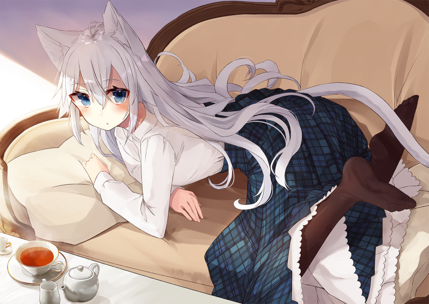 :o animal_ears antenna_hair bangs blue_eyes blue_skirt blush cat_ears cat_tail chaise_longue couch creamer_(vessel) cup eyebrows_visible_through_hair highres long_skirt long_sleeves looking_at_viewer no_shoes nuko_miruku on_couch original pantyhose parted_lips petticoat pillow plaid plaid_skirt shiny shiny_hair shirt skirt table tail tea teacup teapot underskirt white_hair white_shirt