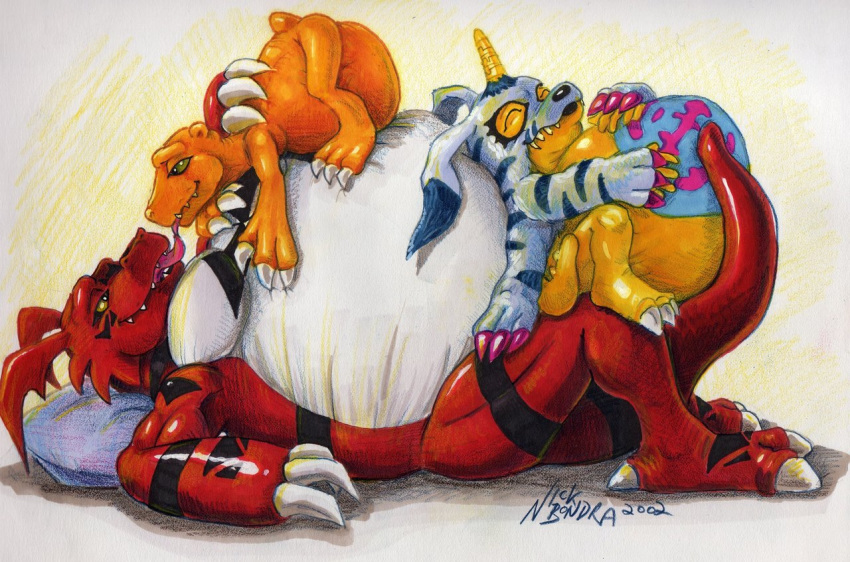 2002 agumon anthro belly big_(disambiguation) big_belly blue_fur digimon dinosaur fur gabumon green_eyes group guilmon hands_on_belly horn hyper hyper_belly kissing nick_bondra overweight scalie simple_background tongue traditional_media_(artwork) yellow_eyes