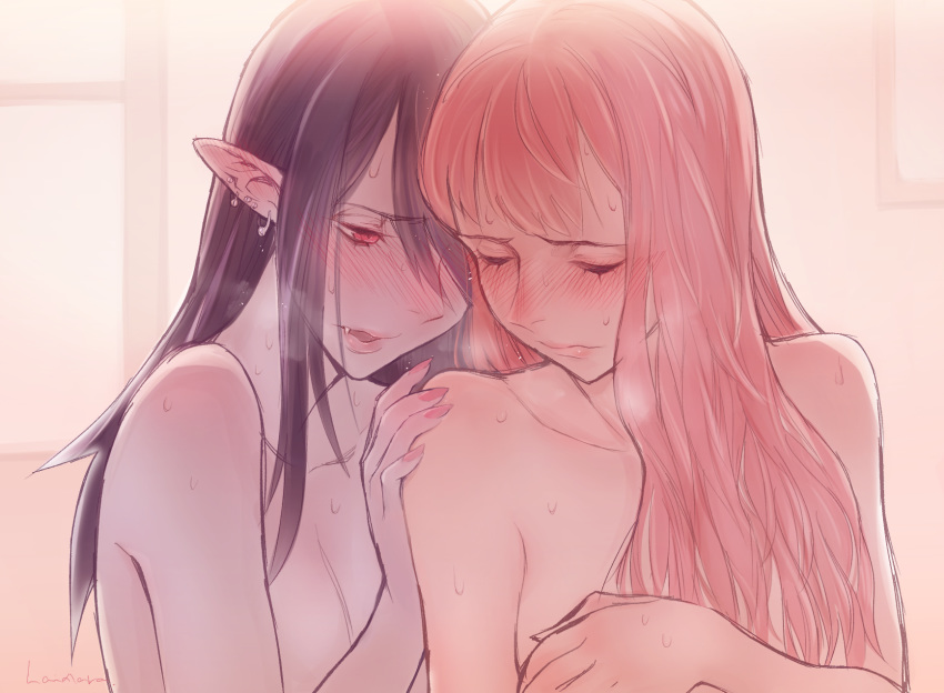 adventure_time bangs black_hair blush closed_eyes earrings fang haidara highres jewelry marceline_abadeer multiple_earrings multiple_girls nude open_mouth pink_hair pink_skin princess_bonnibel_bubblegum purple_skin red_eyes sweat upper_body window yuri