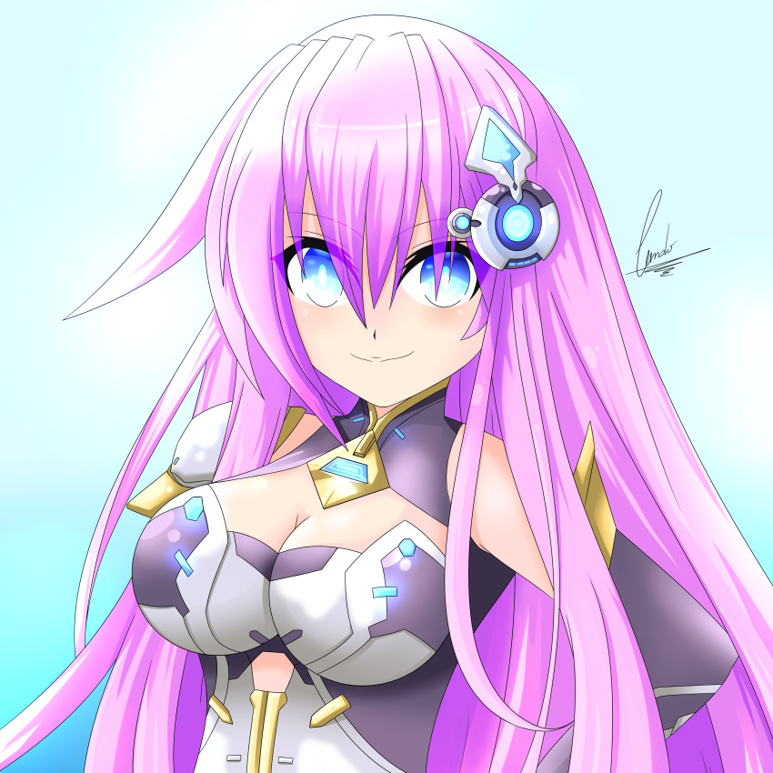 absurdres alternate_breast_size bad_id bad_pixiv_id blue_eyes breasts cleavage cleavage_cutout commentary cundodeviant elbow_gloves gloves hair_between_eyes highres large_breasts long_hair looking_at_viewer nepgear nepnep_connect:_chaos_chanpuru neptune_(series) pink_hair power_symbol purple_sister purple_sister_v shoulder_pads smile solo symbol-shaped_pupils upper_body