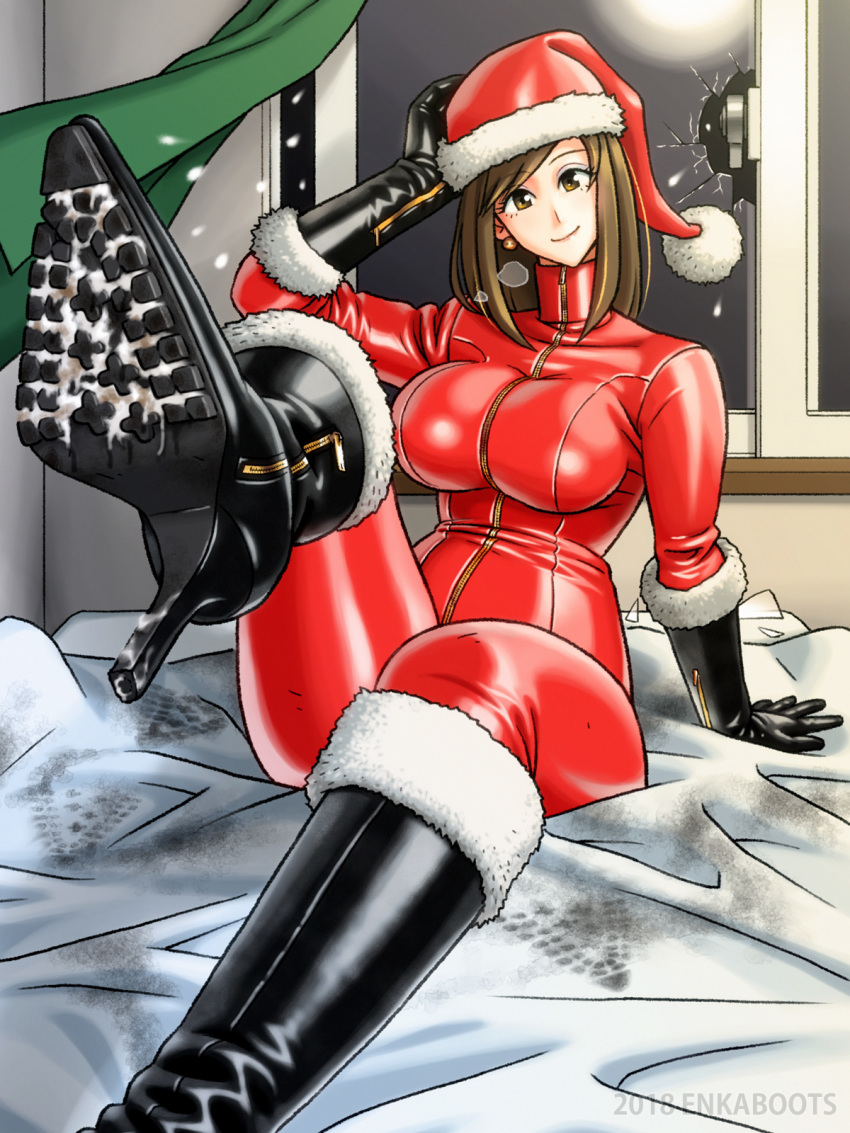 1girl boots breasts brown_eyes brown_hair enkaboots hat highres large_breasts santa_costume santa_hat short_hair thigh_boots thighhighs