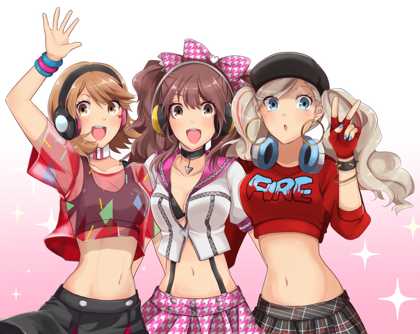 :d :o alternate_costume arm_around_waist arm_up belt_collar blue_eyes bracelet breasts brown_eyes brown_hair citrus_love_i cleavage clothes_writing commentary_request crop_top fingerless_gloves gloves hat headphones headphones_around_neck heart highres jewelry kujikawa_rise looking_at_viewer medium_breasts midriff multiple_girls navel open_mouth pendant persona persona_3 persona_3:_dancing_moon_night persona_4 persona_4:_dancing_all_night persona_5 persona_5:_dancing_star_night persona_dancing red_gloves see-through shoulder-to-shoulder simple_background smile spiked_bracelet spikes sports_bra stomach suspenders takamaki_anne takeba_yukari unmoving_pattern upper_body