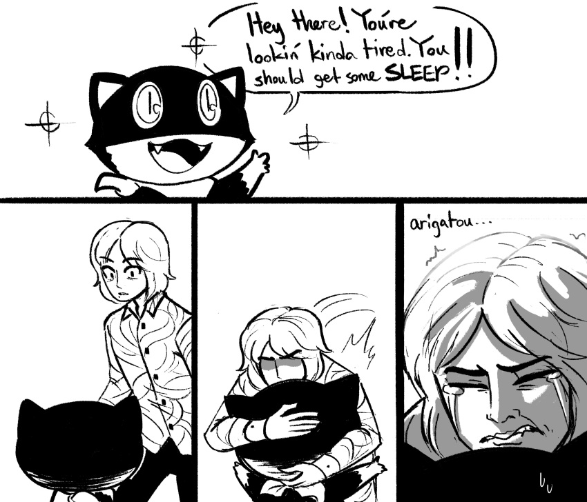 2boys absurdres asian cat crying english_text highres hug monochrome morgana_(persona_5) multiple_boys nintendo persona persona_5 sakurai_masahiro scarf scruffyturtles short_hair speech_bubble super_smash_bros. super_smash_bros._ultimate