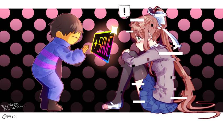 1other =_= androgynous bangs black_background black_legwear blue_skirt blush bow breasts brown_hair closed_mouth commentary_request crossover doki_doki_literature_club eyebrows_visible_through_hair frisk_(undertale) full_body gameplay_mechanics glitch gradient gradient_background green_eyes hair_bow knees_up leaning_forward leg_hug long_hair long_sleeves looking_at_another medium_breasts monika_(doki_doki_literature_club) nan nose_blush outstretched_arm pink_background pleated_skirt polka_dot polka_dot_background ponytail ribbon school_uniform shirt shoes sidelocks signature simple_background sitting skirt speech_bubble spoilers standing striped striped_sweater sweater tearing_up tears thighhighs translated undertale uwabaki white_footwear yellow_skin