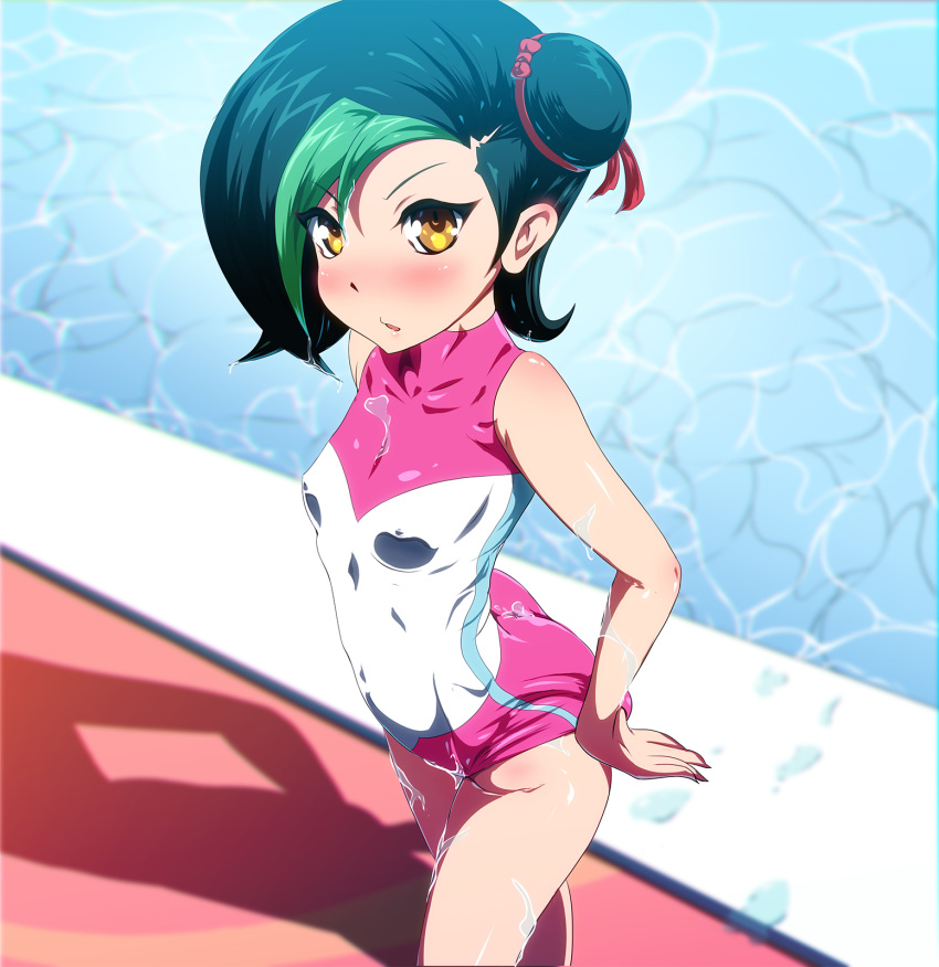 adapted_costume adjusting_clothes adjusting_swimsuit arched_back ass bare_shoulders blush breasts collarbone commentary_request covered_navel covered_nipples danpu dutch_angle eyebrows_visible_through_hair green_hair hair_bun highres looking_at_viewer mizuki_kotori_(yuu-gi-ou_zexal) multicolored_hair open_mouth pool poolside ribbon shiny shiny_hair shiny_skin short_hair small_breasts solo swimsuit two-tone_hair water wet yellow_eyes yuu-gi-ou yuu-gi-ou_zexal