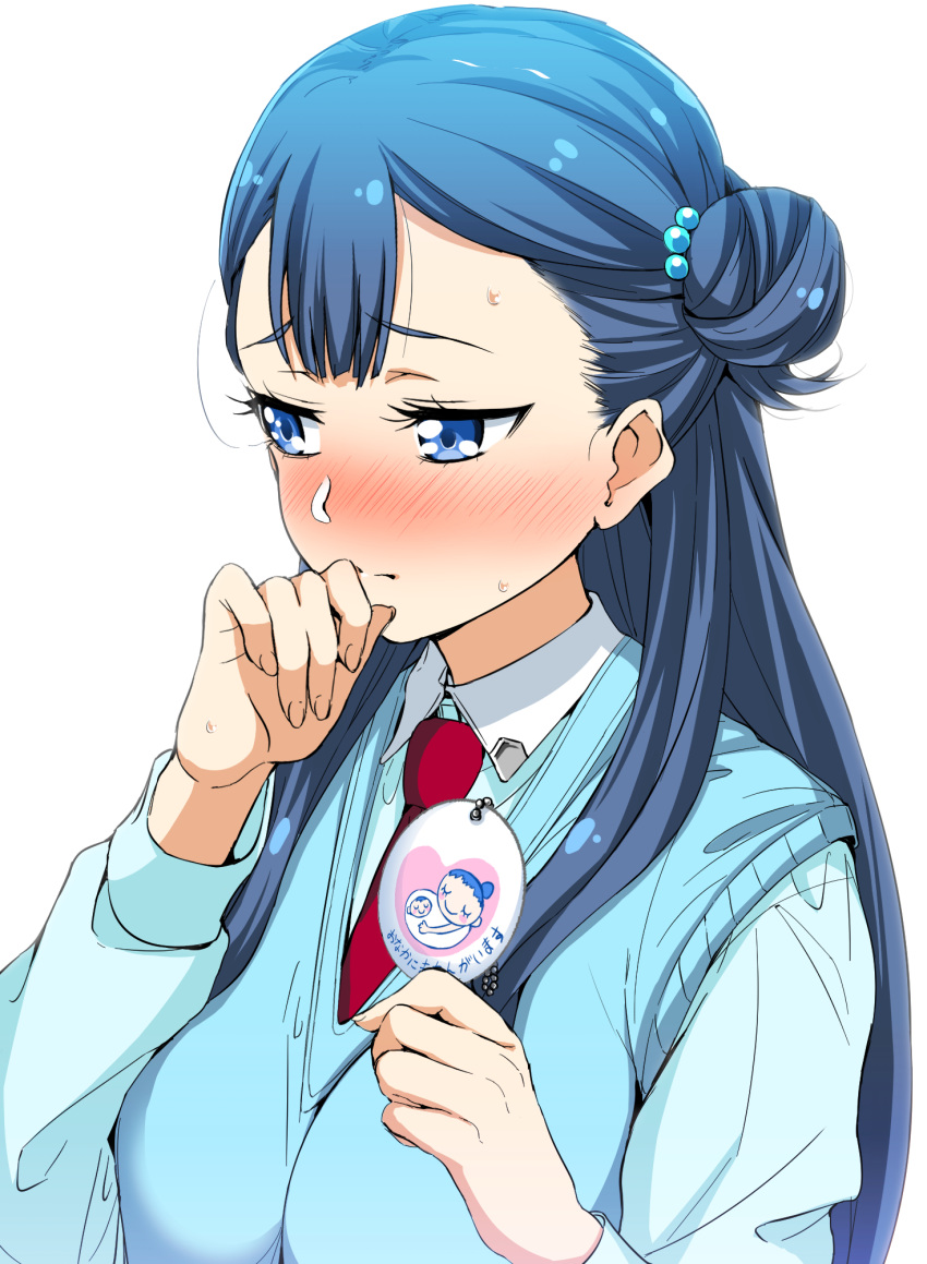 amekasaikuta blue_eyes blue_hair blue_shirt blue_sweater blush embarrassed hair_bun hair_ornament highres hugtto!_precure implied_pregnancy l'avenir_academy_uniform long_hair looking_away maternity_mark necktie precure red_neckwear shirt simple_background solo sweatdrop sweater sweater_vest upper_body white_background yakushiji_saaya