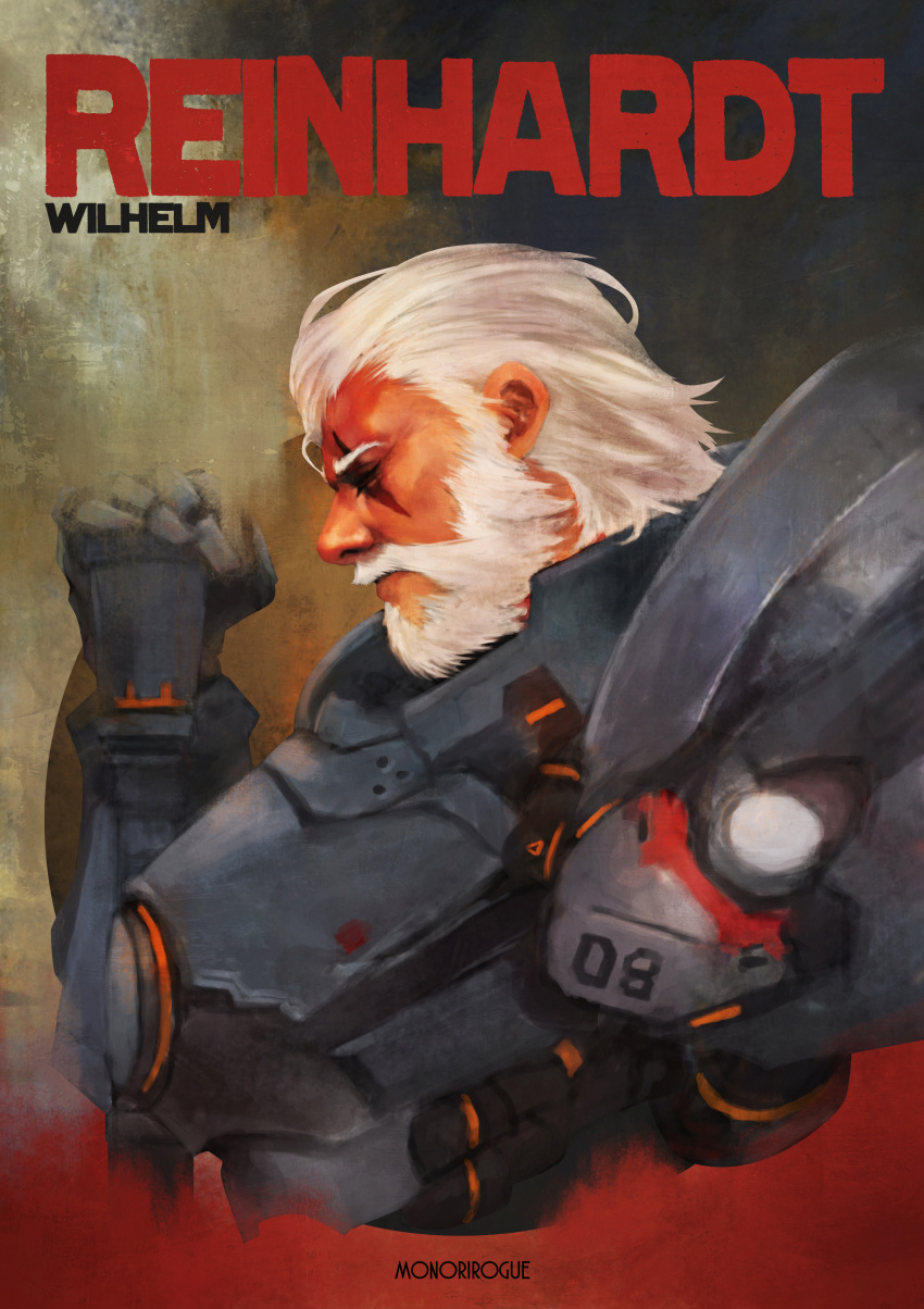 absurdres armor artist_name beard character_name commentary facial_hair from_side grey_hair highres looking_to_the_side male_focus monori_rogue old_man overwatch pommel reinhardt_(overwatch) scar serious solo upper_body