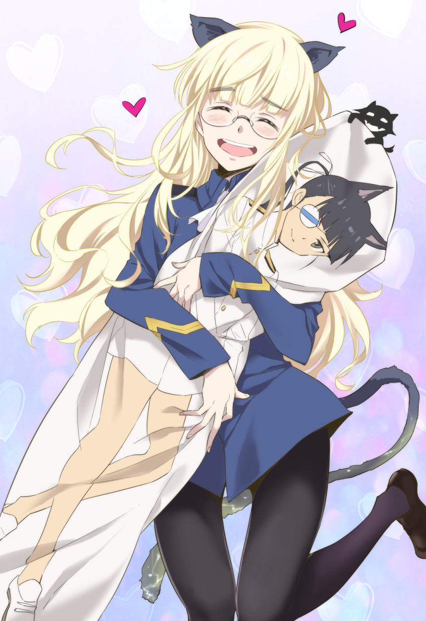 ^_^ agahari animal_ears black_hair blonde_hair blush cat_ears cat_tail closed_eyes dakimakura_(object) dog_ears dog_tail eyebrows_visible_through_hair eyepatch fangs glasses hair_ribbon hat highres hug implied_yuri long_hair long_sleeves looking_at_viewer military military_uniform miyafuji_yoshika naval_uniform object_hug open_mouth pantyhose perrine_h_clostermann pillow ponytail print_eyepatch ribbon sakamoto_mio silhouette_demon smile strike_witches tail uniform white_eyepatch world_witches_series yellow_eyes