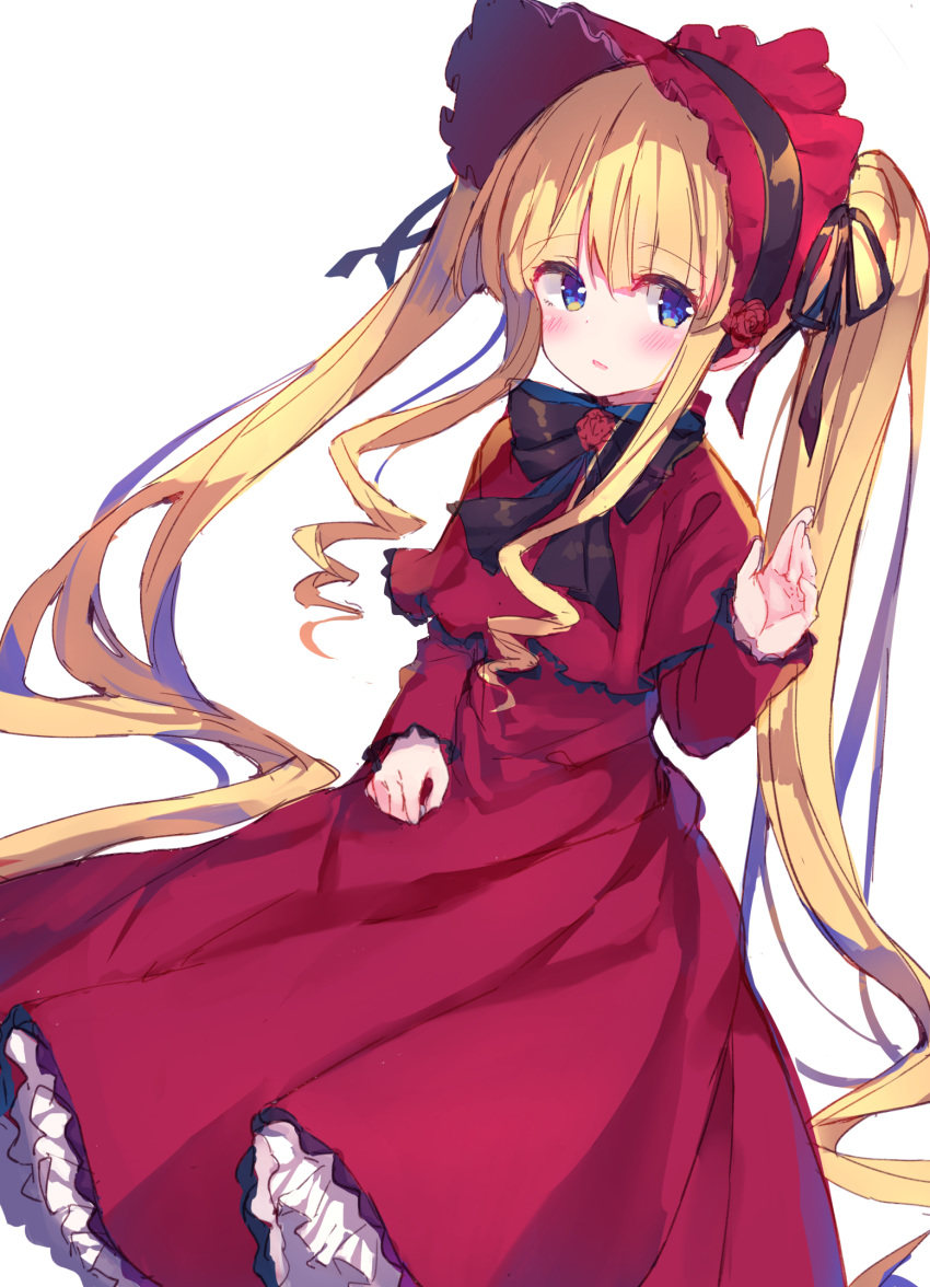 bangs black_ribbon blonde_hair blue_eyes blush bonnet capelet dress eyebrows_visible_through_hair flower hair_between_eyes hair_ribbon hand_up highres long_hair long_sleeves looking_at_viewer makiaato parted_lips red_capelet red_dress red_flower red_rose ribbon rose rozen_maiden shinku sidelocks simple_background sketch sleeves_past_wrists solo twintails very_long_hair white_background