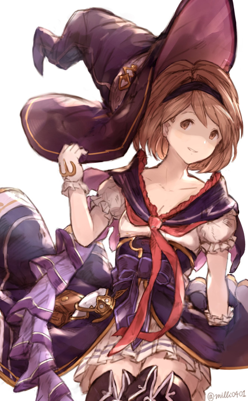 bad_id bad_twitter_id blonde_hair commentary_request djeeta_(granblue_fantasy) gloves granblue_fantasy hairband hat highres looking_at_viewer milli_little puffy_sleeves school_uniform serafuku short_hair short_sleeves skirt thighhighs warlock_(granblue_fantasy) witch_hat