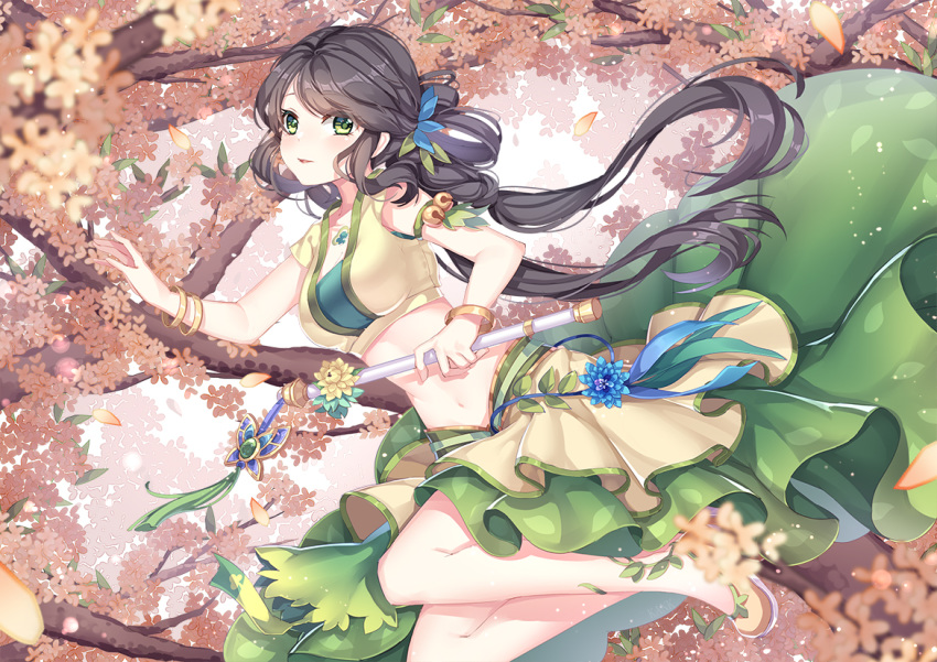 bangle bare_shoulders bell black_hair blurry blush bracelet braid breasts chest_tattoo cleavage collarbone crop_top depth_of_field falling_leaves flower_ornament green_eyes hair_ornament holding jewelry jingle_bell kan_(rainconan) leaf long_hair looking_at_viewer medium_breasts midair navel original parted_lips rod solo tattoo tree tree_branch very_long_hair yellow_footwear