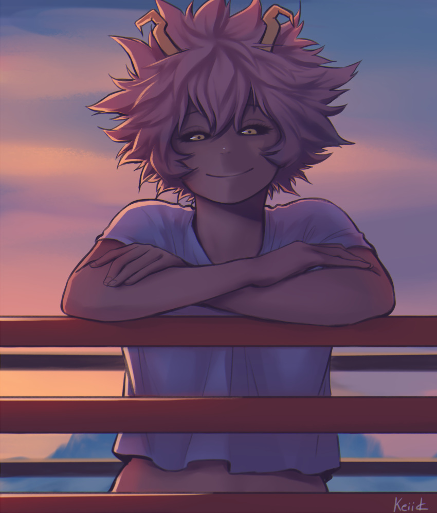 arm_rest artist_name ashido_mina backlighting black_sclera boku_no_hero_academia closed_mouth commentary crossed_arms half-closed_eyes highres horns keiid leaning_on_object looking_at_viewer medium_hair messy_hair midriff outdoors purple_hair purple_skin railing shirt smile solo stomach t-shirt twilight upper_body white_shirt yellow_eyes