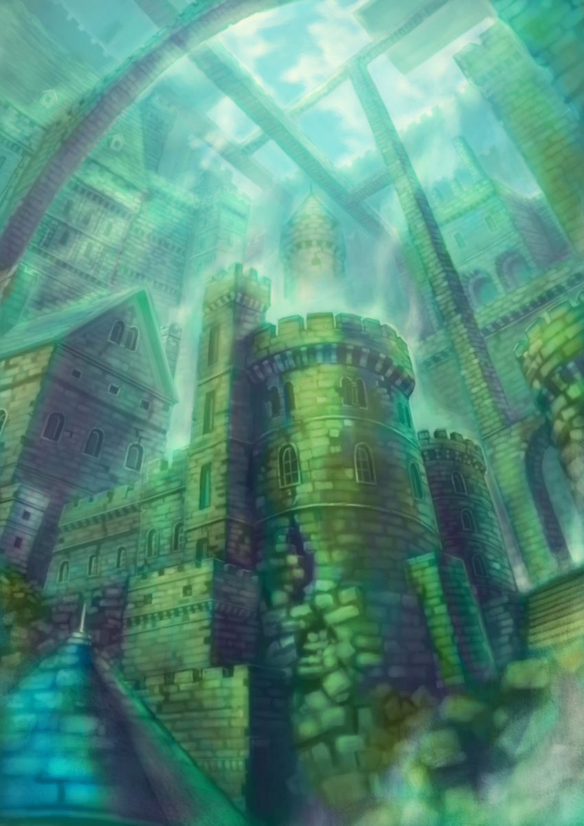 brick_arch brick_wall castle cityscape cloud cloudy_sky commentary commentary_request from_below highres no_humans original outdoors perspective pontako ruins scenery sky spire sunlight tower underwater underwater_city window