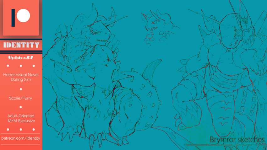 16:9 2018 3_toes 4_toes abs advertisement all_fours back_spines biceps brymror_(identity) claws digital_media_(artwork) dragon english_text fangs feral fluffedwings hi_res horn identity_(game) lizard male muscular muscular_male nude open_mouth patreon pecs pose reptile scales scalie sharp_teeth simple_background sketch snarling solo spikes standing teeth text toe_claws toes video_games visual_novel