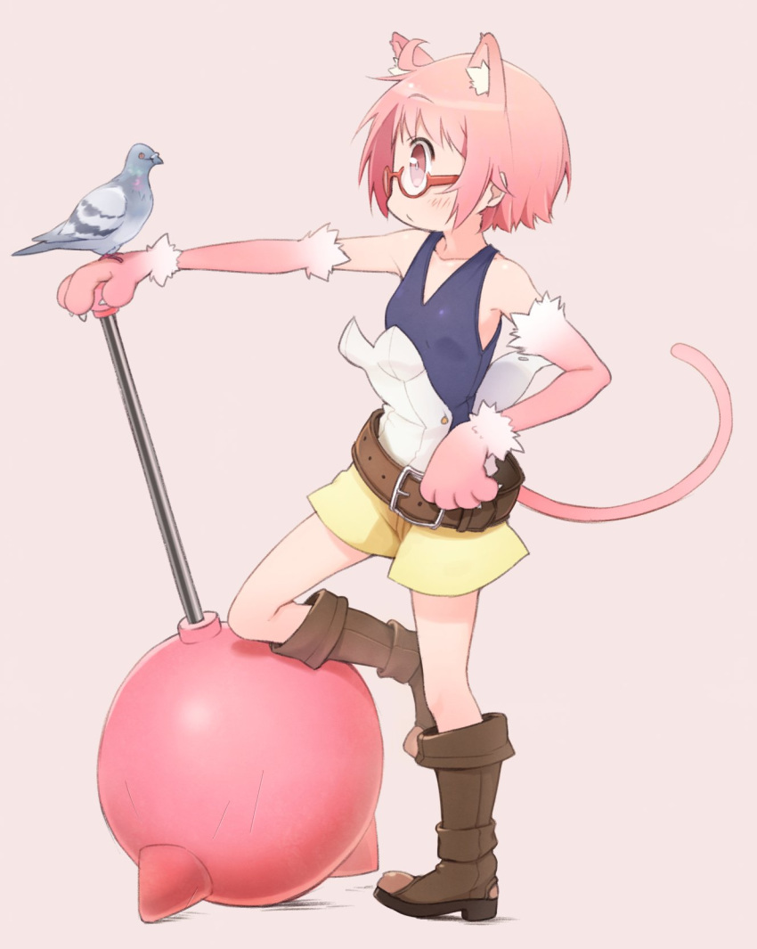 ahoge animal_ears belt bird blush boots brown_footwear cat_ears cat_tail closed_mouth eyebrows_visible_through_hair from_side glasses highres kirara_fantasia knee_boots looking_away nonohara_yuzuko okayparium pigeon pink_eyes pink_hair semi-rimless_eyewear short_hair solo tail yuyushiki