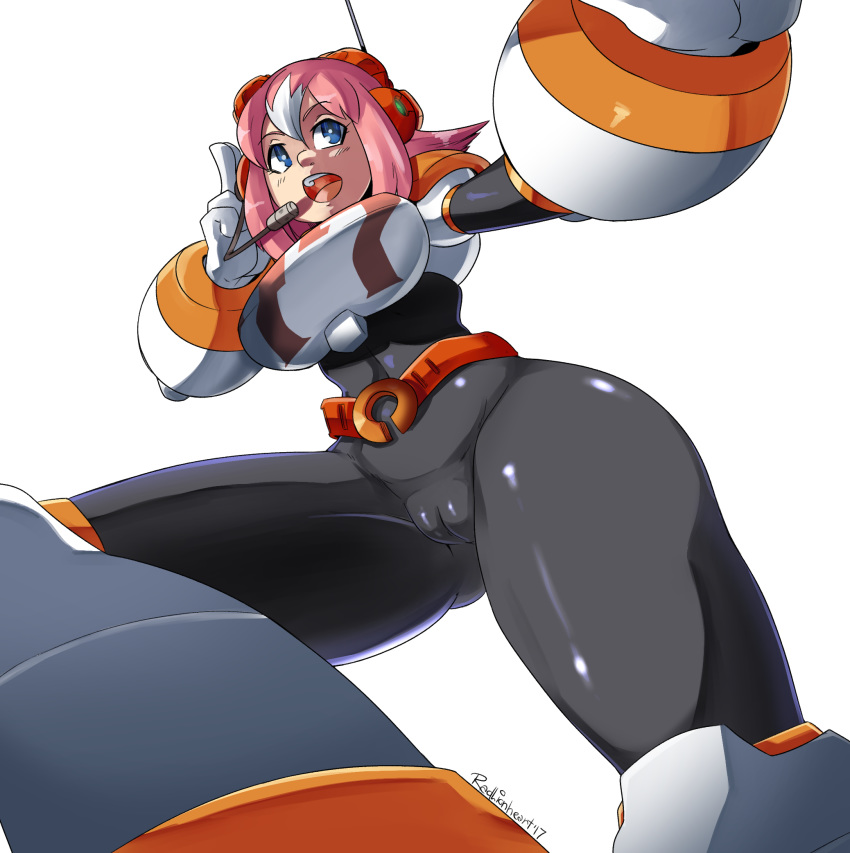 1girl android artist_name belt blue_eyes bodysuit breast_plate breasts cameltoe from_below gloves headgear highres large_breasts multicolored_hair nana_(rockman) open_mouth pink_hair radlionheart rockman rockman_x rockman_x_command_mission simple_background skin_tight solo spandex teeth thick_thighs transparent_background two-tone_hair white_gloves white_hair wide_hips