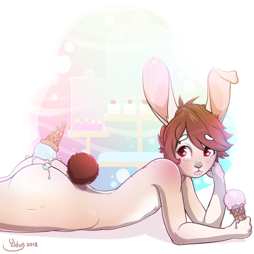 2018 brown_hair dessert food hair ice_cream ice_cream_cone lagomorph male mammal nude rabbit solo yildunstar