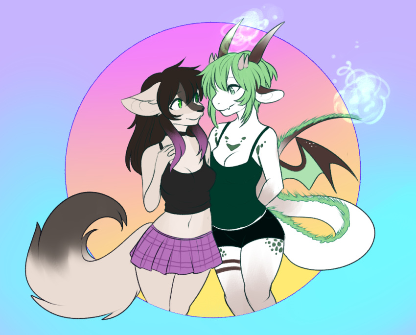 2018 anthro black_hair box-cat breasts canine clothed clothing collar digital_media_(artwork) dragon duo female fluffy fluffy_tail fur green_hair hair horn kyoko_komurasaki mammal multicolored_fur multicolored_hair purple_hair scalie shirt shorts simple_background skirt smile tank_top vilosa wings wolf