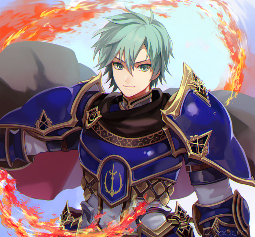 2900cm armor blue_eyes cape ephraim fire_emblem fire_emblem:_seima_no_kouseki fire_emblem_heroes green_hair male_focus polearm solo spear weapon