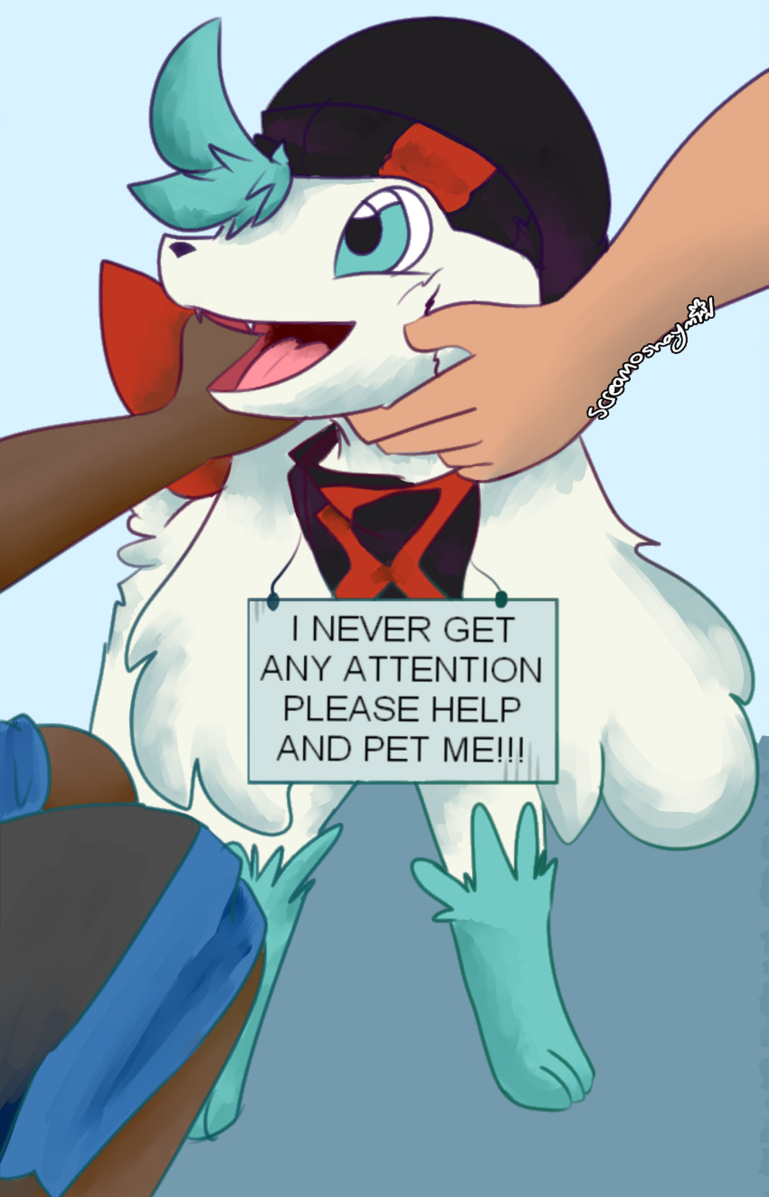 2018 ambiguous_gender bandanna beige_skin blue_background blue_eyes clothed clothing cute cute_fangs cyan_hair dark_skin digital_media_(artwork) english_text feral fur hat human legendary_pok&eacute;mon long_ears mammal markings nico_(shaymin) nintendo partially_clothed petting pok&eacute;mon pok&eacute;mon_(species) screamoshaymin shaymin shaymin_(sky_form) shiny_pok&eacute;mon sign signature simple_background smile socks_(marking) solo_focus tagme text video_games white_fur