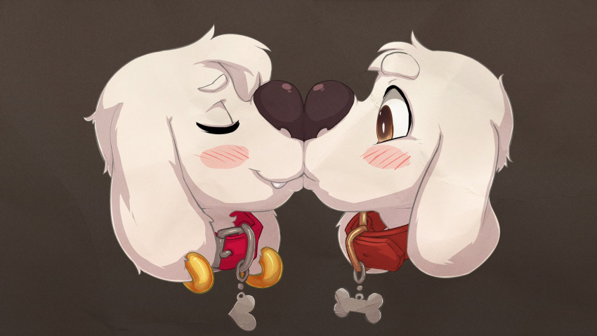 bangs blush brian_griffin brown_eyes brown_nose canine collar cute dog duo ear_piercing eyebrows eyes_closed family_guy fur hair jasper_(family_guy) kissing male male/male mammal piercing romantic_couple seth-iova simple_background white_fur white_hair