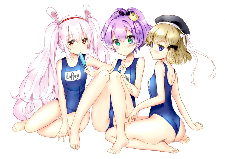 absurdres animal_ears ass azur_lane bangs bare_arms bare_legs bare_shoulders barefoot beret black_bow black_hat black_ribbon blue_eyes blue_swimsuit blush bow breasts brown_eyes bunny_ears character_name closed_mouth collarbone crown eyebrows_visible_through_hair feet food green_eyes hair_between_eyes hair_bow hair_ribbon hairband hat highres holding holding_food javelin_(azur_lane) laffey_(azur_lane) legs light_brown_hair long_hair mini_crown multiple_girls name_tag old_school_swimsuit one-piece_swimsuit parted_lips popsicle purple_hair red_hairband ribbon school_swimsuit silver15 silver_hair simple_background sitting small_breasts soles swimsuit thighs twintails very_long_hair wariza white_background white_bow yokozuwari z23_(azur_lane)