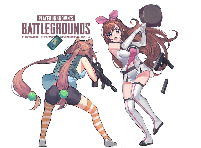 a.i._channel absurdres animal_ears ass assault_rifle backpack bag bare_shoulders bike_shorts black_shorts black_soldier blue_eyes blue_shirt blush boots breasts brown_hair cat_ears clip commentary_request crossover elbow_gloves frying_pan glock_18c gloves gun hair_ribbon handgun heckler_&amp;_koch highres hinata_channel hk416 holding holding_gun holding_weapon kizuna_ai large_breasts long_hair low_twintails multicolored_hair multiple_girls nekomiya_hinata open_mouth pink_hair pink_ribbon pistol playerunknown's_battlegrounds ribbon rifle shirt shoes short_shorts shorts simple_background sleeveless sleeveless_shirt standing standing_on_one_leg streaked_hair striped striped_legwear suppressor thigh_boots thighhighs twintails very_long_hair virtual_youtuber weapon white_background white_footwear white_gloves white_legwear white_shirt white_shorts