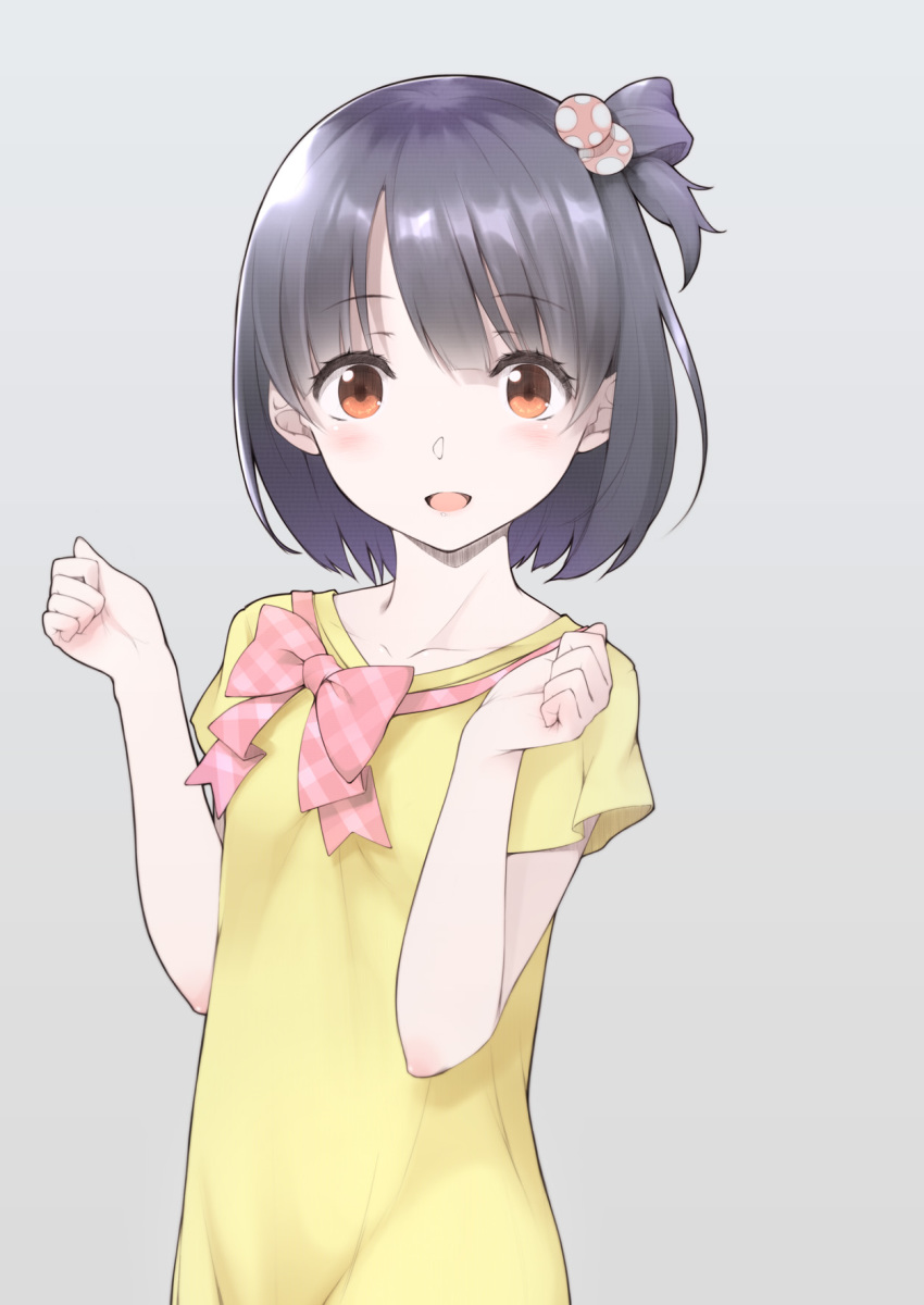 :d black_hair blush brown_eyes collarbone commentary_request eyebrows_visible_through_hair hair_ornament highres idolmaster idolmaster_million_live! looking_at_viewer nakatani_iku ooji open_mouth short_hair side_ponytail simple_background smile solo upper_body