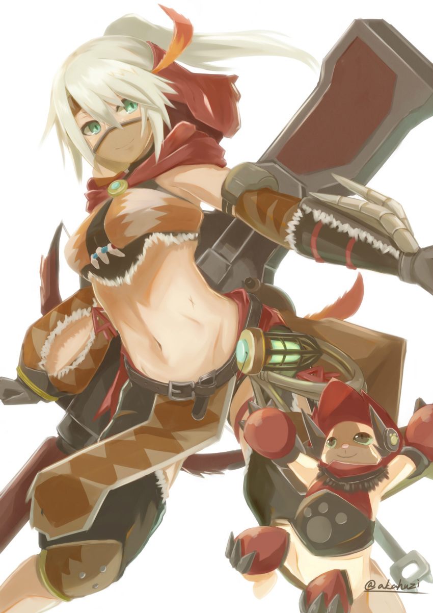 akahuzi artist_name belt breasts closed_mouth felyne green_eyes highres kulu-ya-ku_(armor) large_breasts looking_at_another looking_at_viewer monster_hunter monster_hunter:_world navel short_hair short_ponytail signature smile twitter_username white_hair