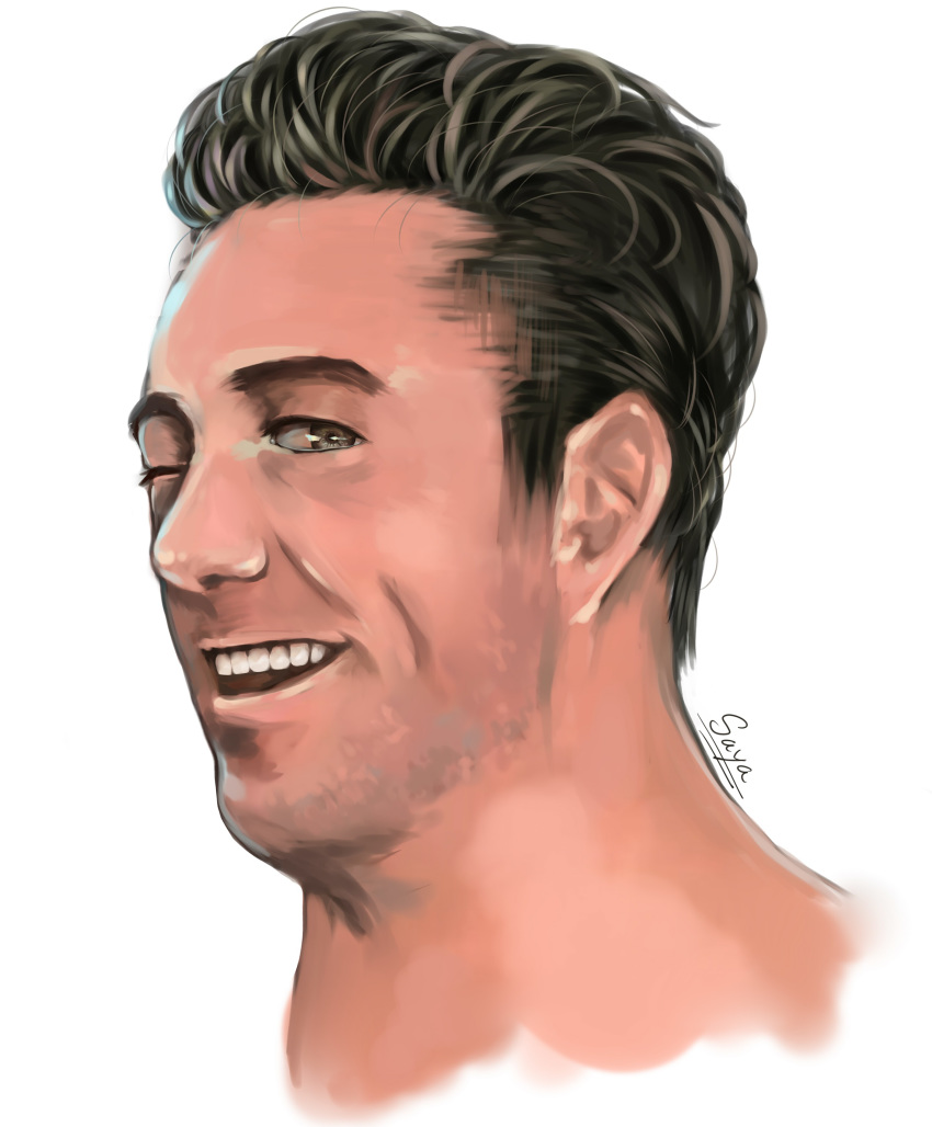 :d absurdres billy_herrington brown_hair commentary face facial_hair gachimuchi green_eyes hair_slicked_back highres looking_at_viewer male_focus one_eye_closed open_mouth portrait saya_hi10_(saya) signature smile solo stubble teeth upper_teeth